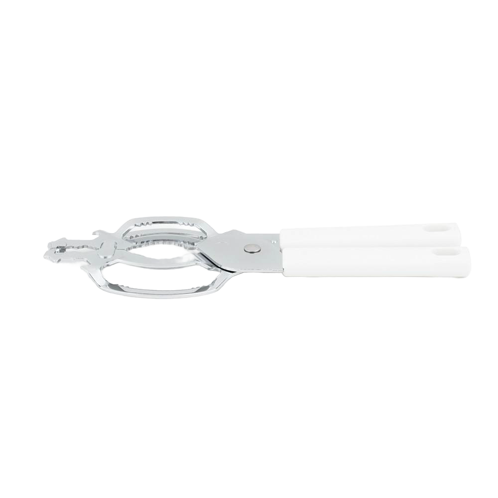 Chrome steel jar and bottle vise with white handles designed to easily open sealed lids, ideal for Kitchen & Food, Kitchen Gadgets, Kitchen Accessories, and Best Sellers collections.