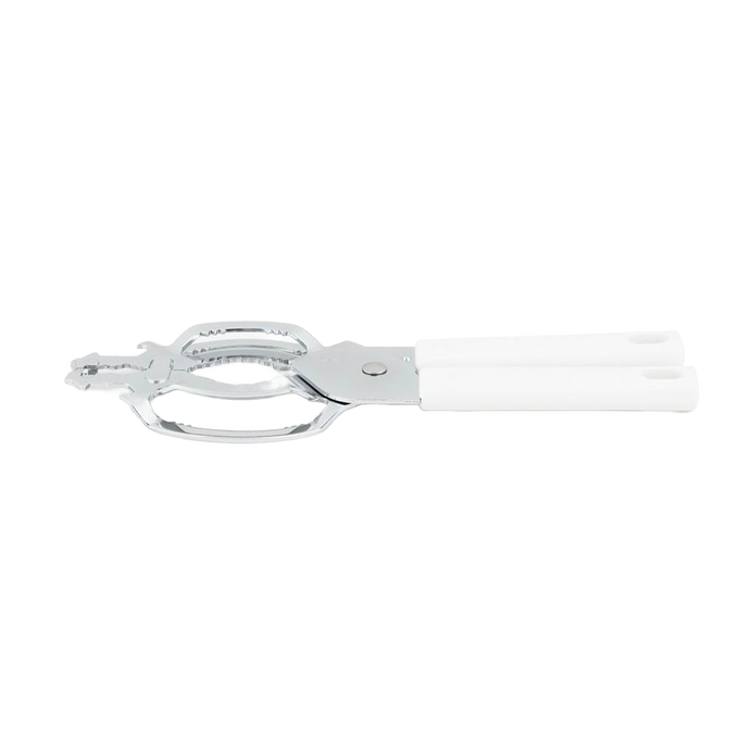 Chrome steel jar and bottle vise with white handles designed to easily open sealed lids, ideal for Kitchen & Food, Kitchen Gadgets, Kitchen Accessories, and Best Sellers collections.