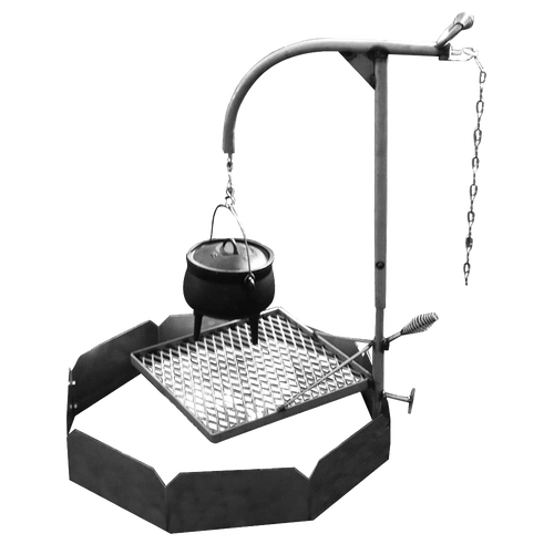 Handcrafted heavy-duty camp grill with an adjustable support post, kettle hook, and diamond-style cooking grate made from weather-resistant stainless steel, ideal for Farm, Garden & Tool and Camping collections.