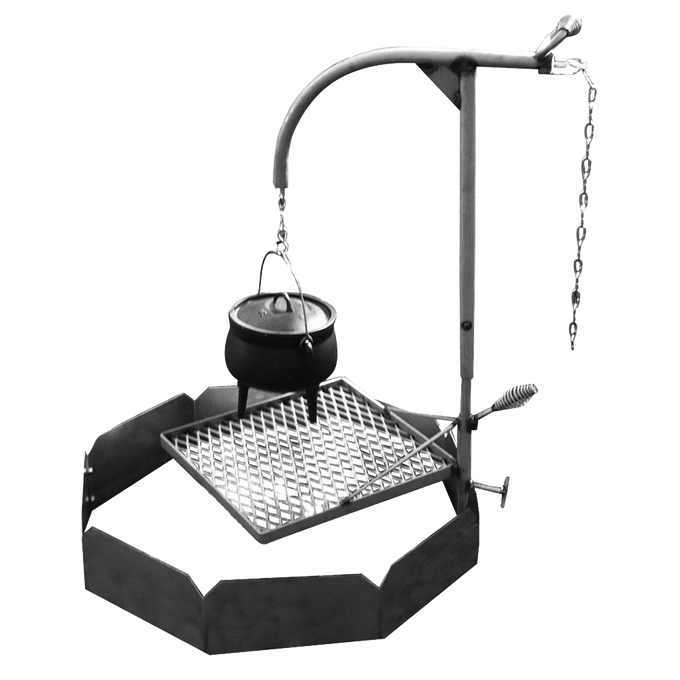 Handcrafted heavy-duty camp grill with an adjustable support post, kettle hook, and diamond-style cooking grate made from weather-resistant stainless steel, ideal for Farm, Garden & Tool and Camping collections.