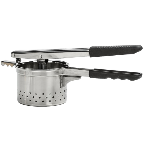 Stainless steel ricer with black ergonomic handles designed for smooth, lump-free mashed potatoes and ideal for kitchen gadgets, cooking helpers, and food preparation.