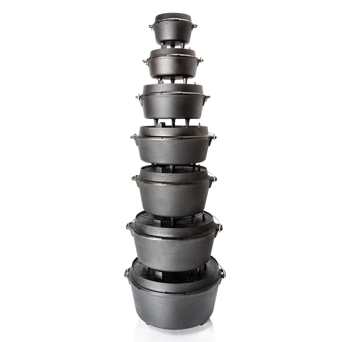 Stack of sturdy black cast iron Dutch ovens with legs, designed for versatile cooking and baking, featured in Kitchen & Food, Cookware, Cast Iron, Best Sellers, and Promo Eligible collections.