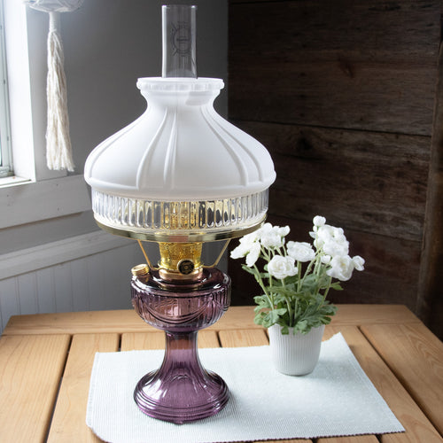 Handcrafted Aladdin Lincoln Drape oil lamp with amethyst glass base, polished brass burner, and white frosted top shade, bright enough for reading, perfect for Farm, Garden & Tool, Lamps & Lighting, Emergency Supplies, Oil Lamps, Table Lamps, Best Sellers, and Promo Eligible collections.