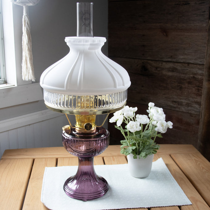 Handcrafted Aladdin Lincoln Drape oil lamp with amethyst glass base, polished brass burner, and white frosted top shade, bright enough for reading, perfect for Farm, Garden & Tool, Lamps & Lighting, Emergency Supplies, Oil Lamps, Table Lamps, Best Sellers, and Promo Eligible collections.
