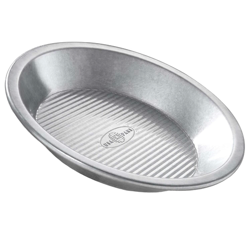 9-inch aluminized steel pie pan with fluted base for improved air circulation and easy pie release, crafted in USA, perfect for Baking Supplies, Kitchen & Food, and Cookware collections.