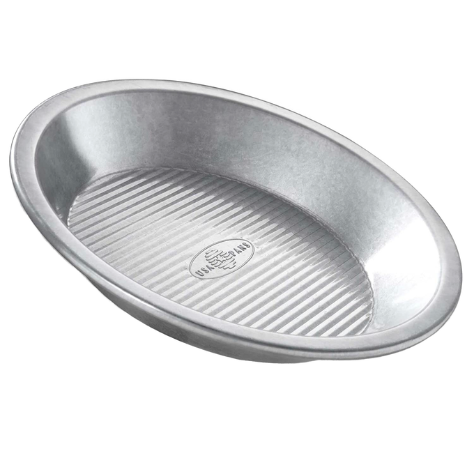 9-inch aluminized steel pie pan with fluted base for improved air circulation and easy pie release, crafted in USA, perfect for Baking Supplies, Kitchen & Food, and Cookware collections.