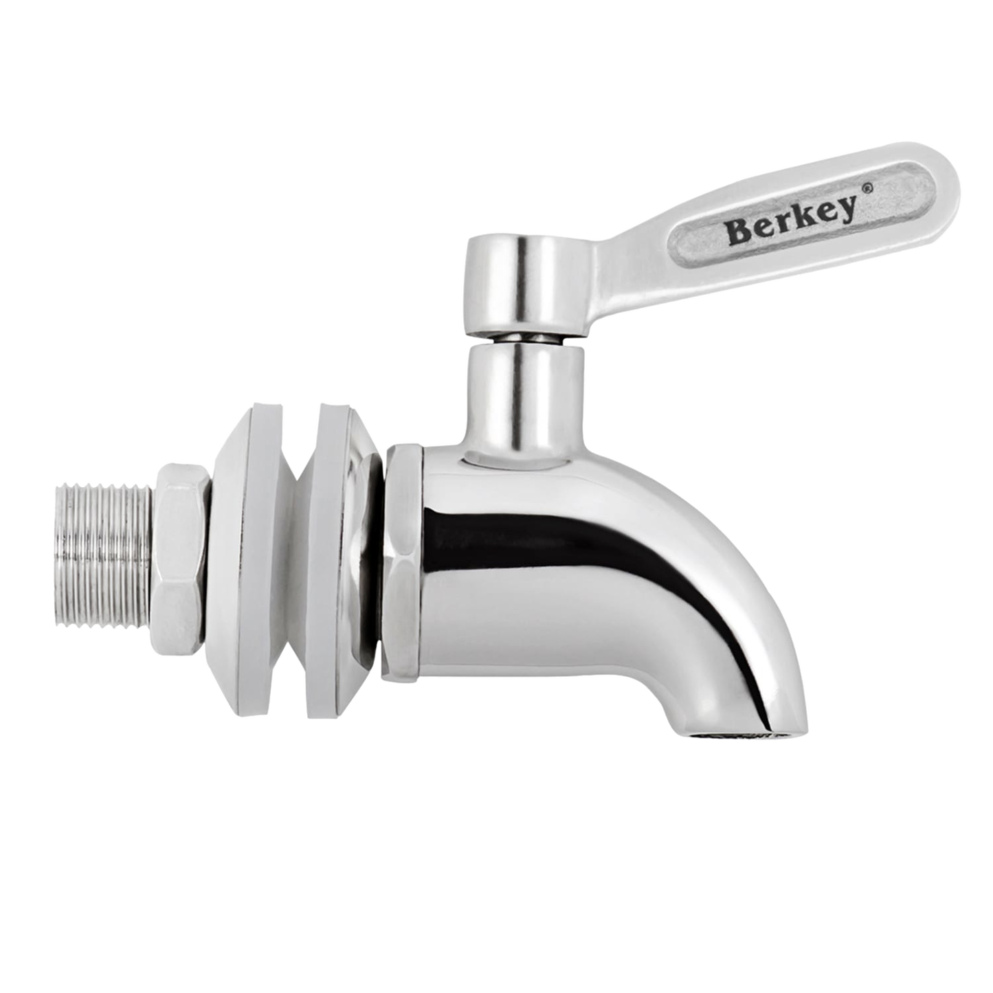 Polished heavy duty stainless steel water spigot with ergonomic lever handle, designed to fit Berkey 304 stainless steel units, ideal for Appliances, Water Heating and Treatment, and Best Sellers collections.