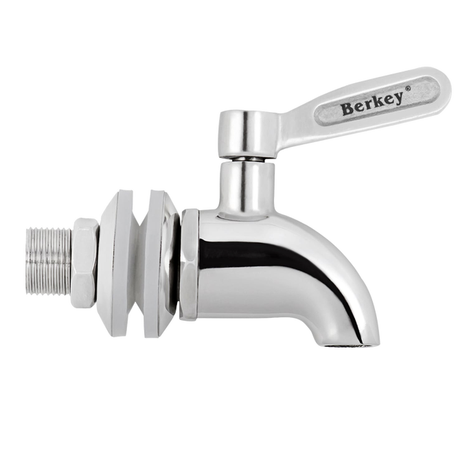 Polished heavy duty stainless steel water spigot with ergonomic lever handle, designed to fit Berkey 304 stainless steel units, ideal for Appliances, Water Heating and Treatment, and Best Sellers collections.