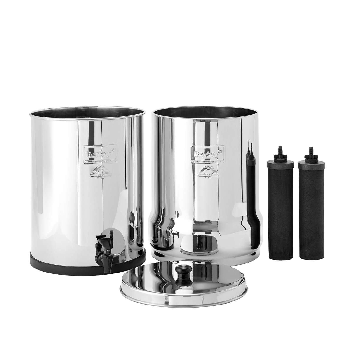 Polished stainless steel water filtration system with two chambers, removable lid, and two black filter elements, ideal for emergency supplies and water treatment appliances.