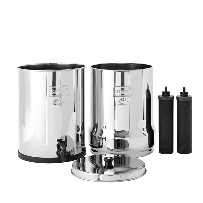 Polished stainless steel water filtration system with two chambers, removable lid, and two black filter elements, ideal for emergency supplies and water treatment appliances.