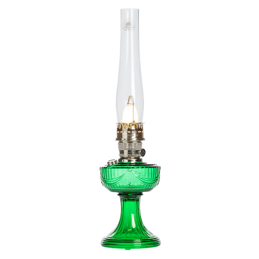 Handcrafted Aladdin oil lamp with a vibrant emerald glass Lincoln drape font, brass trim, and tall chimney, perfect for Lamps & Lighting, Oil Lamps, Table Lamps, and Best Sellers collections.