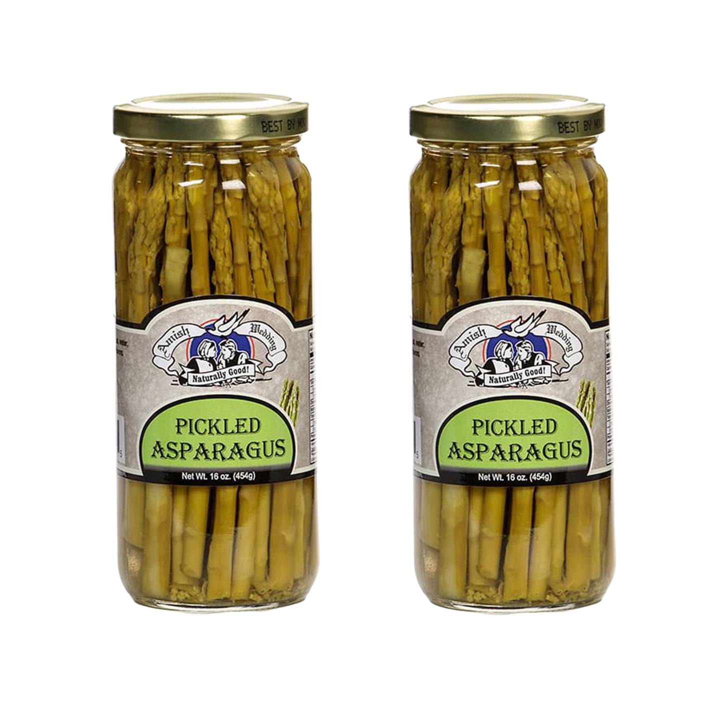 Two glass jars of handcrafted pickled asparagus spears with tangy flavor, made in USA, ideal for Kitchen & Food, Pantry, USA Made, Best Sellers, and Promo Eligible collections.