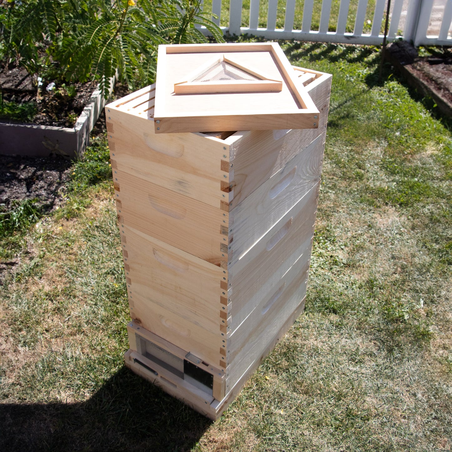 Handcrafted Amish-made wooden 8-frame triangle bee escape board resting on a natural wood beehive in a sunny garden, ideal for chemical-free honey harvesting in beekeeping supplies.