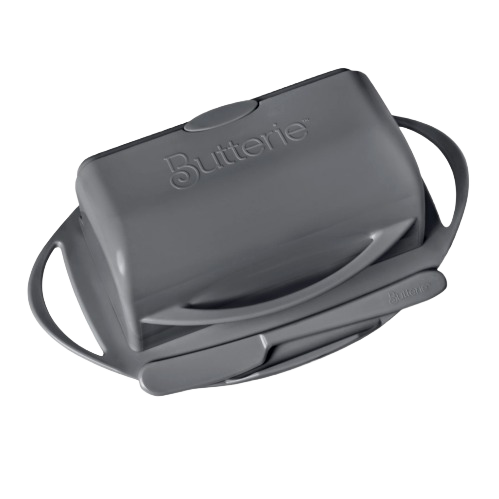 Dark gray flip-top butter dish with matching spreader resting in a custom cradle, designed for mess-free butter storage and easy spreading, perfect for Kitchen & Food and Kitchen Gadgets collections.