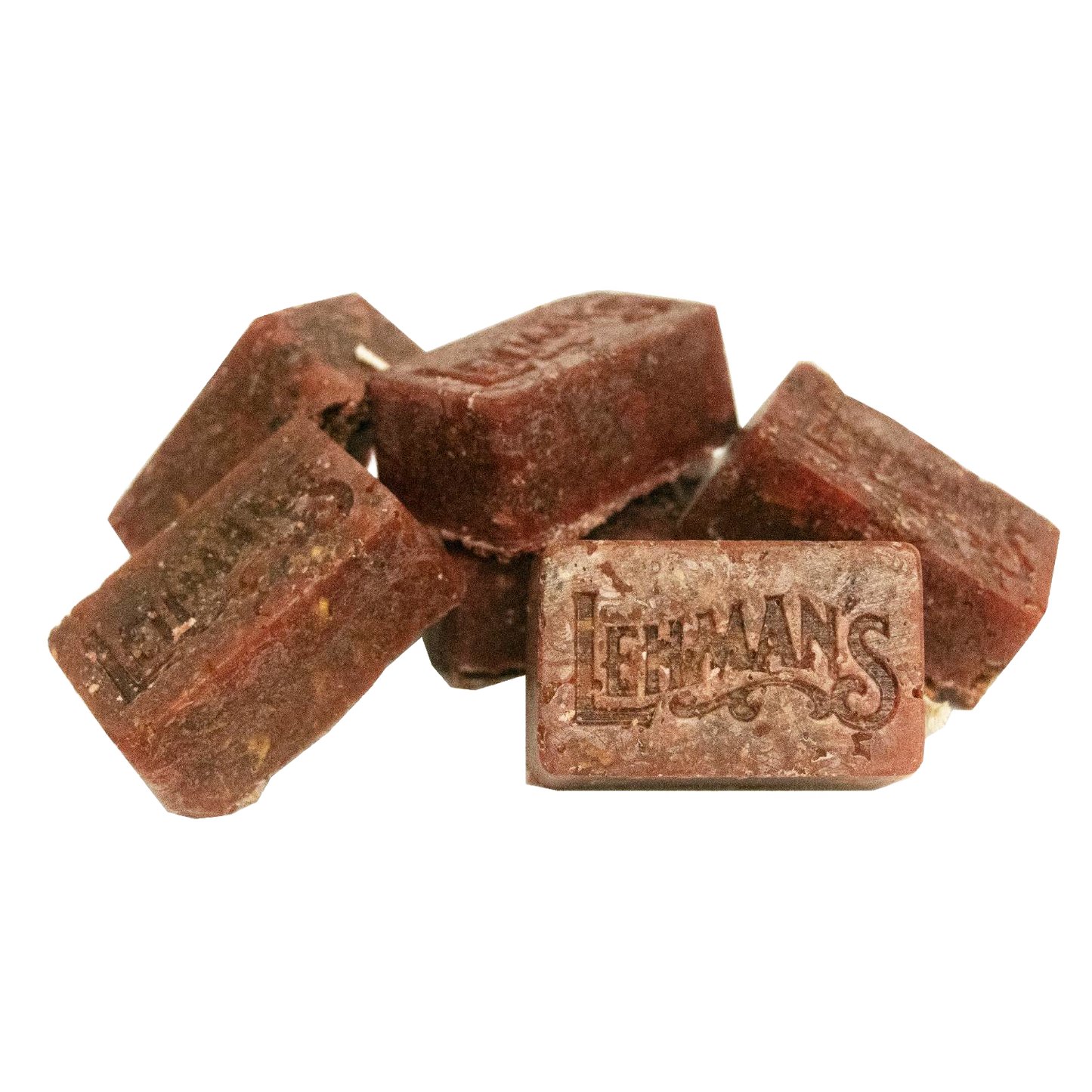 Cluster of handcrafted reddish-brown fire starters embossed with Lehman’s logo, made in the USA from natural reclaimed wax and sawdust, ideal for Farm, Garden & Tool, Stoves, Camping, and Hearth Accessories collections.