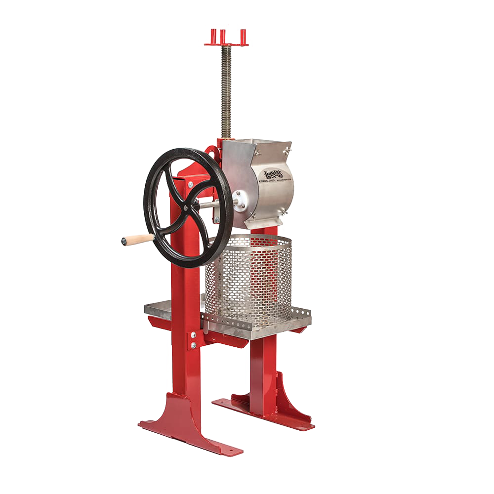 Sturdy red-framed cider press with stainless steel crushing mechanism and black hand crank, designed for orchard and garden use, featured in USA Made and Best Sellers.
