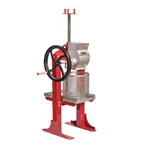 Sturdy red-framed cider press with stainless steel crushing mechanism and black hand crank, designed for orchard and garden use, featured in USA Made and Best Sellers.