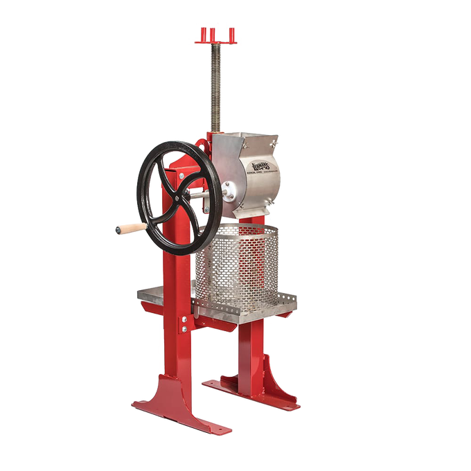 Sturdy red-framed cider press with stainless steel crushing mechanism and black hand crank, designed for orchard and garden use, featured in USA Made and Best Sellers.