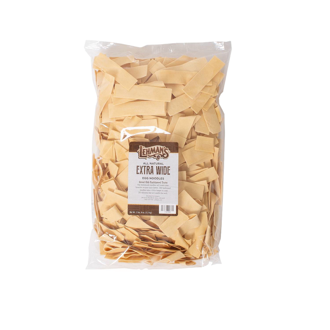 Clear plastic bag of handcrafted extra wide egg noodles made in USA, perfect for Kitchen & Food, Food, Pantry, USA Made, Best Sellers, and Promo Eligible collections.