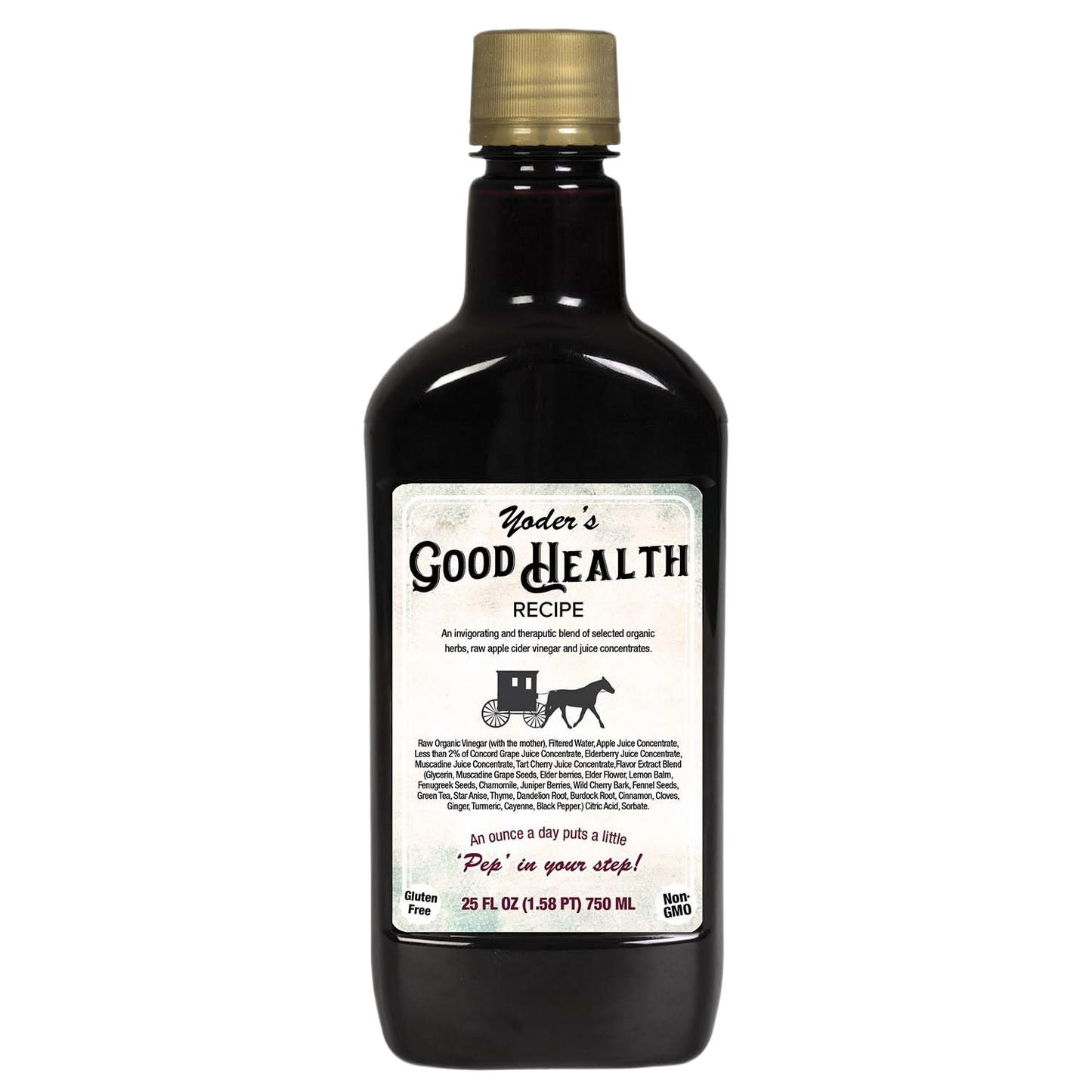 Dark glass bottle of handcrafted herbal tonic blend made in USA, containing organic apple cider vinegar and juice concentrates, featured in Health & Wellness and Best Sellers collections.