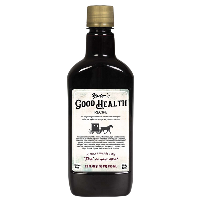 Dark glass bottle of handcrafted herbal tonic blend made in USA, containing organic apple cider vinegar and juice concentrates, featured in Health & Wellness and Best Sellers collections.