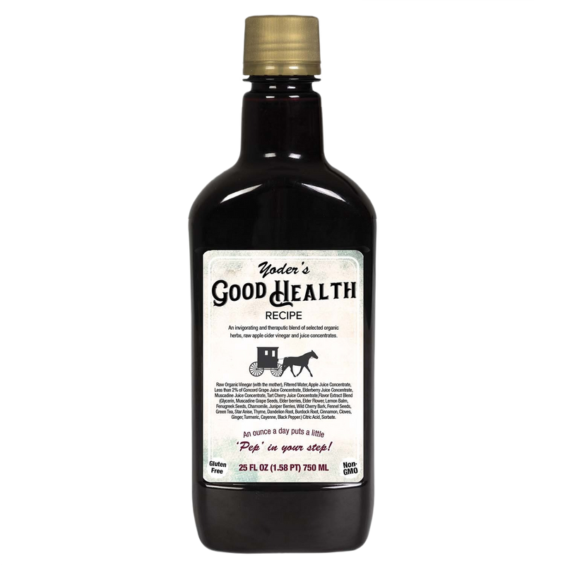 Dark glass bottle of handcrafted herbal tonic blend made in USA, containing organic apple cider vinegar and juice concentrates, featured in Health & Wellness and Best Sellers collections.