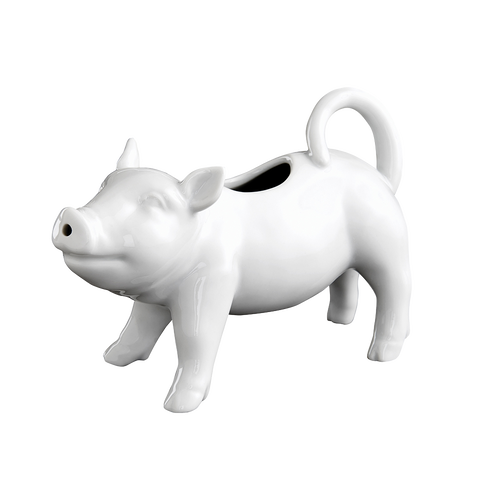 Glossy white porcelain creamer shaped like a playful pig with a drip-free spout, handcrafted for Kitchen & Food, Dinnerware, Storage and Serving, and Best Sellers collections.