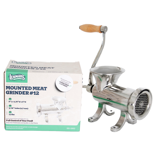 Handcrafted stainless steel mounted meat grinder with wooden handle and pre-drilled mounting holes, designed for durability in Kitchen & Food, Specialty Equipment, Butchering Supplies, and Best Sellers collections.