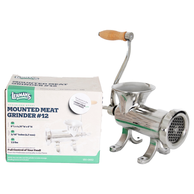 Handcrafted stainless steel mounted meat grinder with wooden handle and pre-drilled mounting holes, designed for durability in Kitchen & Food, Specialty Equipment, Butchering Supplies, and Best Sellers collections.
