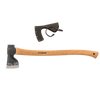 Hand-forged axe with a curved American hickory handle and protective leather sheath, crafted for durability and precision in Farm, Garden & Tool, Wood Cutting and Hauling, and Best Sellers collections.