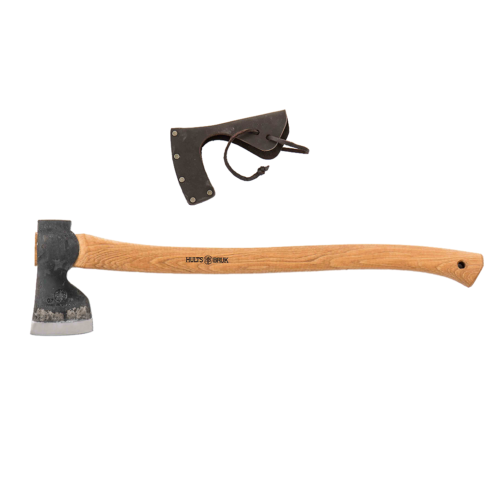 Hand-forged axe with a curved American hickory handle and protective leather sheath, crafted for durability and precision in Farm, Garden & Tool, Wood Cutting and Hauling, and Best Sellers collections.