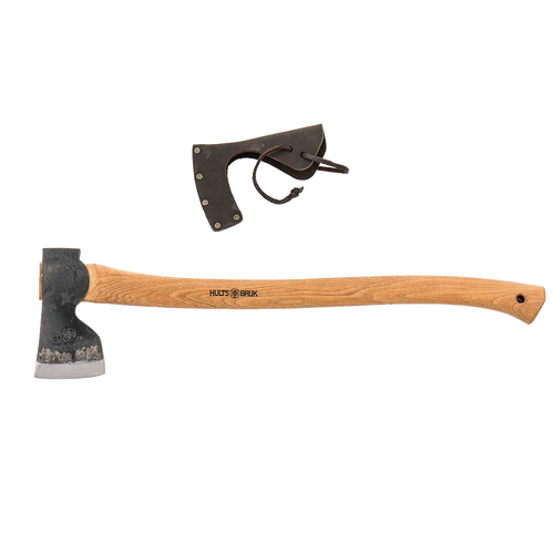 Hand-forged axe with a curved American hickory handle and protective leather sheath, crafted for durability and precision in Farm, Garden & Tool, Wood Cutting and Hauling, and Best Sellers collections.