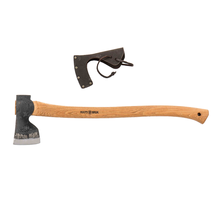 Hand-forged axe with a curved American hickory handle and protective leather sheath, crafted for durability and precision in Farm, Garden & Tool, Wood Cutting and Hauling, and Best Sellers collections.