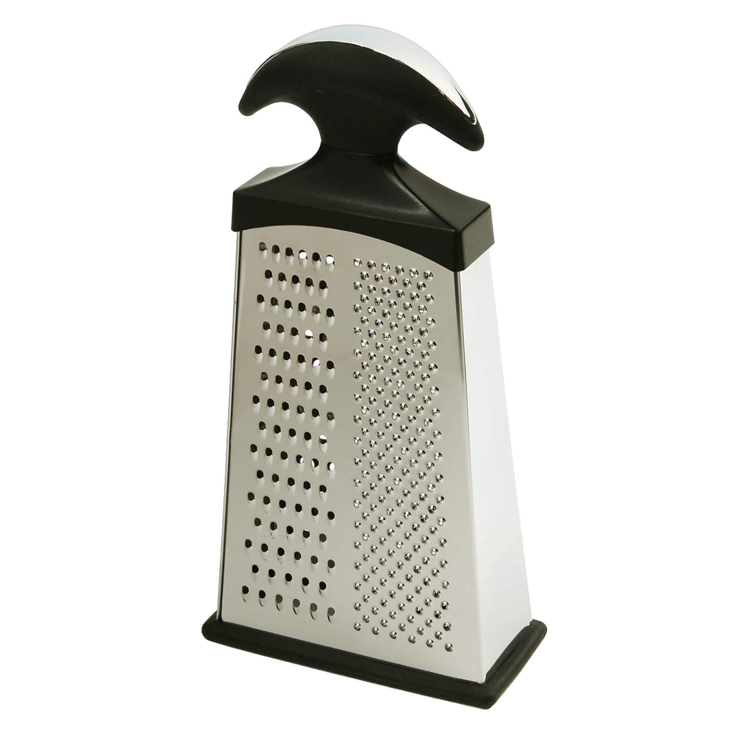 Slim stainless steel cheese grater with ergonomic black handle and non-slip base, featuring multiple grating surfaces for fine, medium, and coarse shredding, ideal for Kitchen & Food and Cooking Gadgets collections.