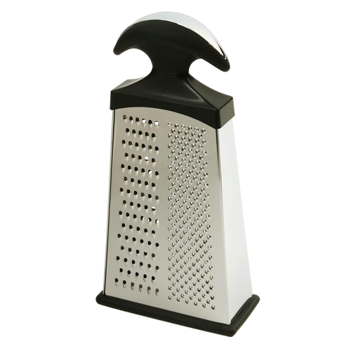 Slim stainless steel cheese grater with ergonomic black handle and non-slip base, featuring multiple grating surfaces for fine, medium, and coarse shredding, ideal for Kitchen & Food and Cooking Gadgets collections.