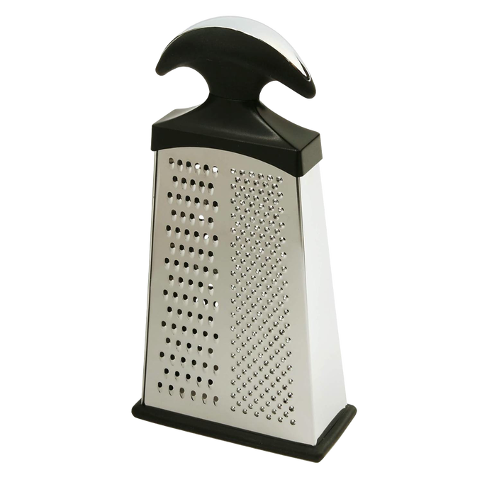 Slim stainless steel cheese grater with ergonomic black handle and non-slip base, featuring multiple grating surfaces for fine, medium, and coarse shredding, ideal for Kitchen & Food and Cooking Gadgets collections.