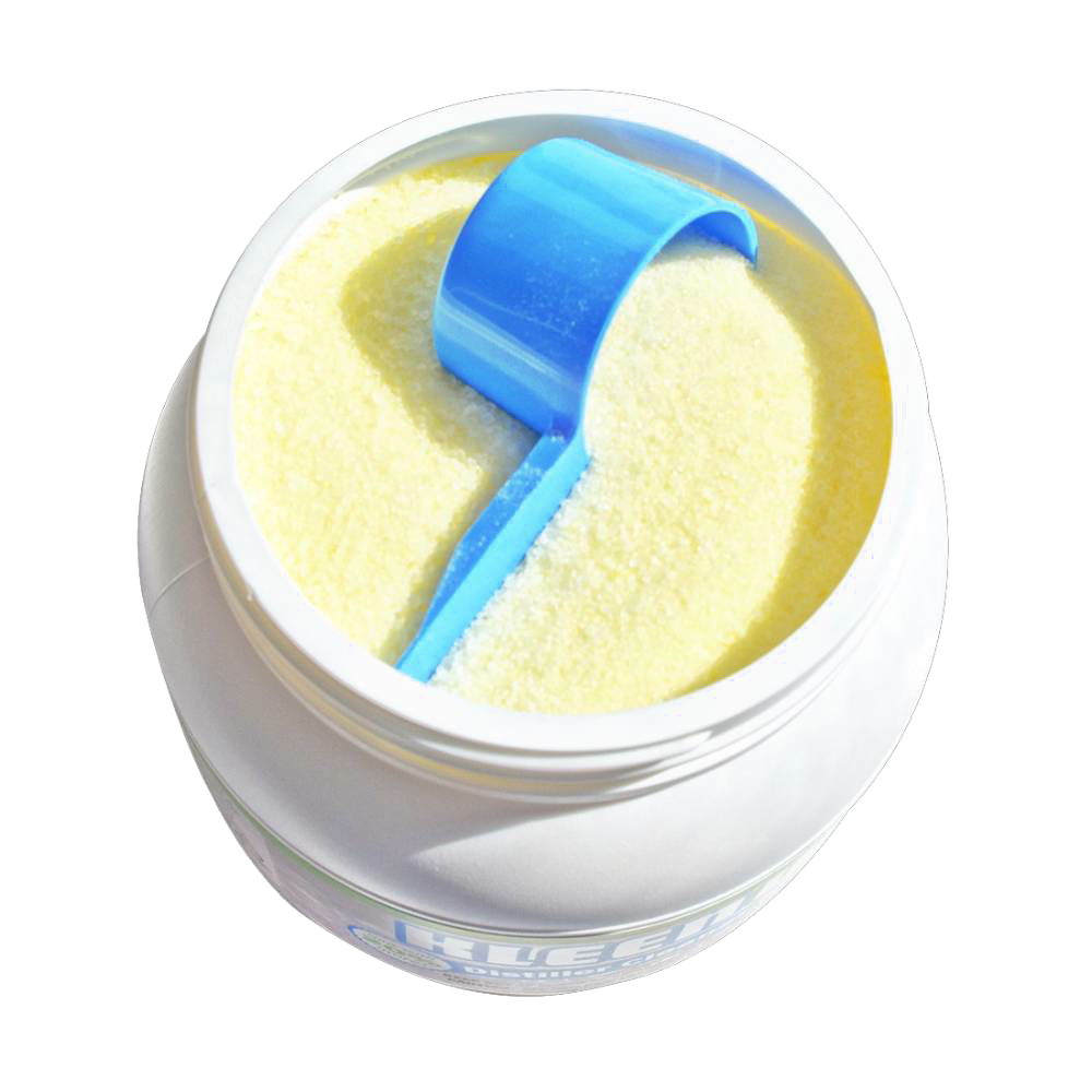 Open white container of finely powdered water distiller cleaner with a blue plastic scoop inside, featured in Appliances, USA Made, Water Heating and Treatment, and Best Sellers collections.