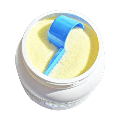Open white container of finely powdered water distiller cleaner with a blue plastic scoop inside, featured in Appliances, USA Made, Water Heating and Treatment, and Best Sellers collections.