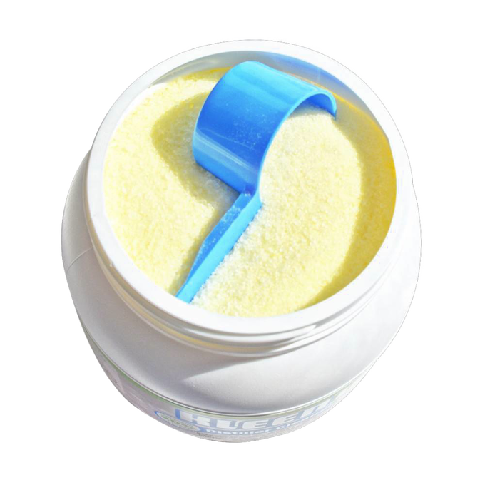 Open white container of finely powdered water distiller cleaner with a blue plastic scoop inside, featured in Appliances, USA Made, Water Heating and Treatment, and Best Sellers collections.