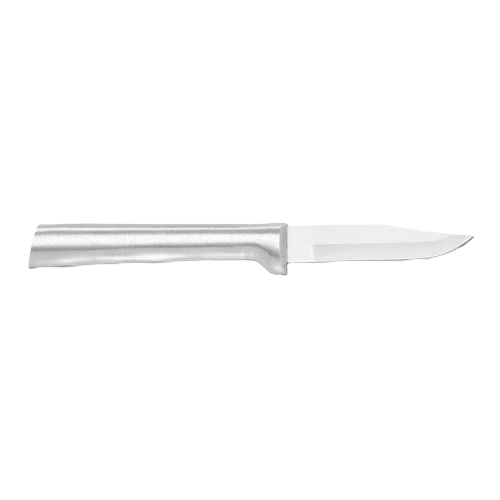 Rada paring knife with a sharp carbon stainless steel blade and satin-finished cast aluminum handle featuring a non-slip grip, ideal for kitchen food prep in USA made collections.