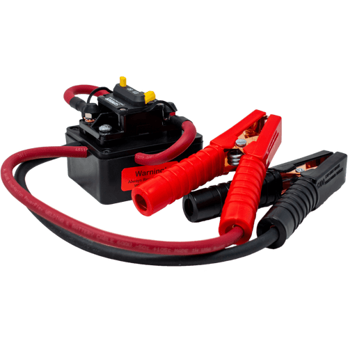 Compact jump start unit with heavy-duty red and black clamps and cables, compatible with Milwaukee and DeWalt batteries, ideal for Farm, Garden & Tool and Hand Tools collections.