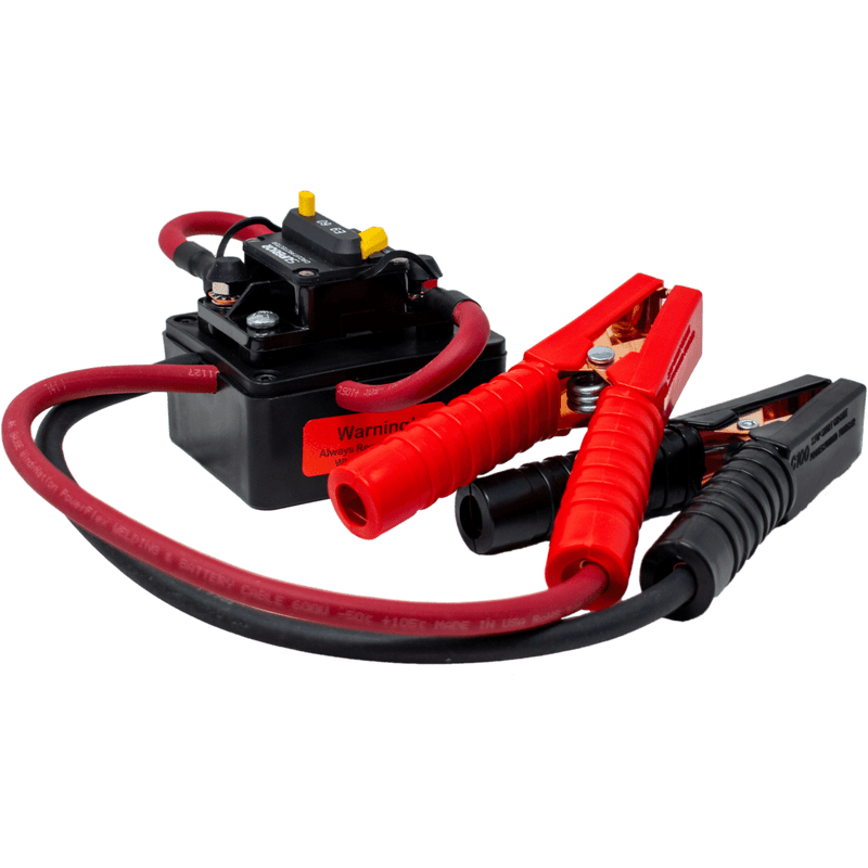 Compact jump start unit with heavy-duty red and black clamps and cables, compatible with Milwaukee and DeWalt batteries, ideal for Farm, Garden & Tool and Hand Tools collections.