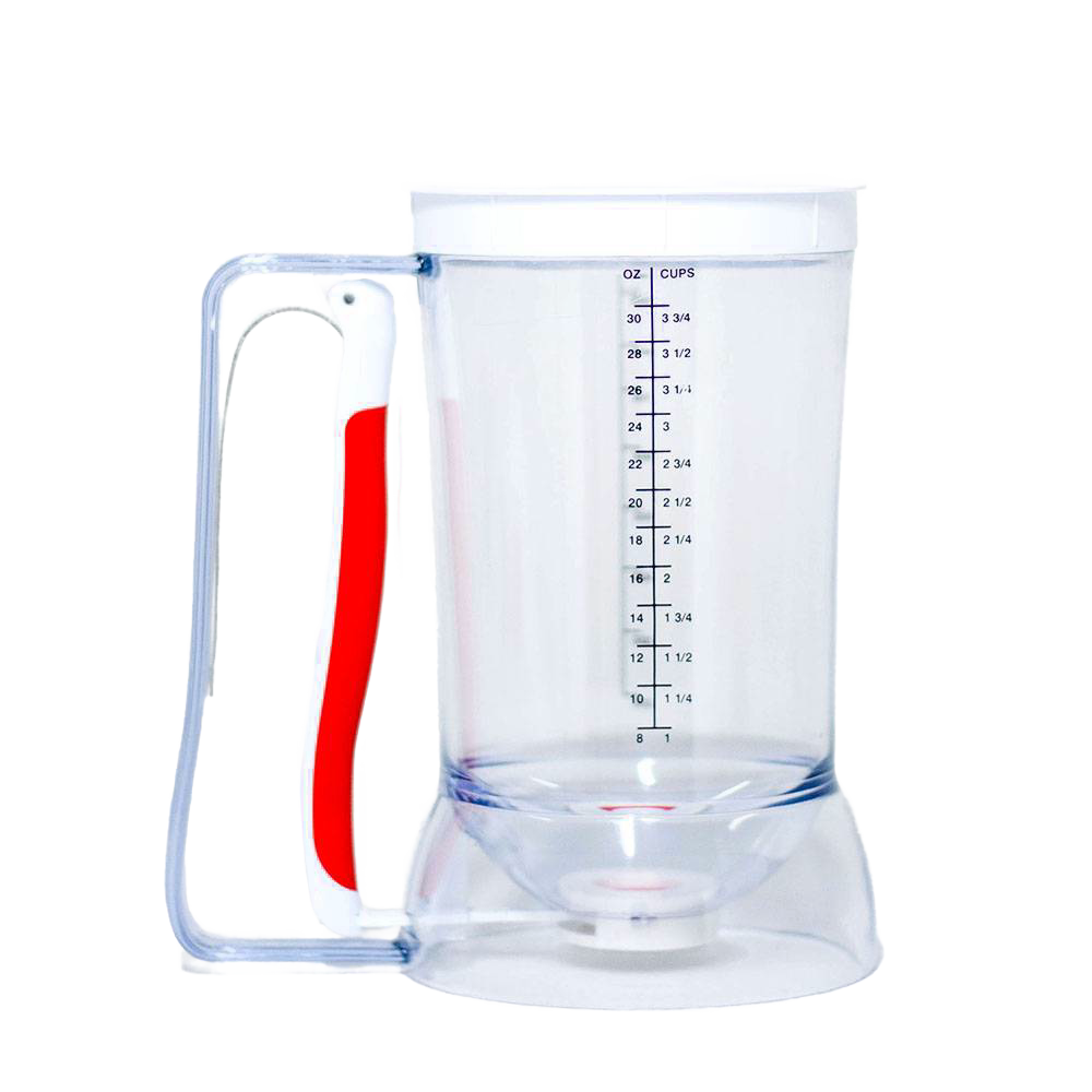 Clear plastic batter dispenser with red soft grip handle and measurement markings, designed for easy, precise batter pouring with less mess, featured in Kitchen & Food and Baking Helpers collections.