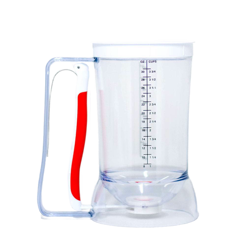 Clear plastic batter dispenser with red soft grip handle and measurement markings, designed for easy, precise batter pouring with less mess, featured in Kitchen & Food and Baking Helpers collections.