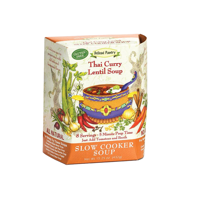 All-natural gluten-free Thai Curry Lentil Soup slow cooker mix with aromatic spices and vegetables, easy prep with tomatoes and broth, featured in Kitchen & Food and Soups collections.