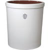 Handcrafted 5-gallon stoneware crock with durable cream exterior and brown glazed interior, made in USA, ideal for fermenting, food preservation, and kitchen use.