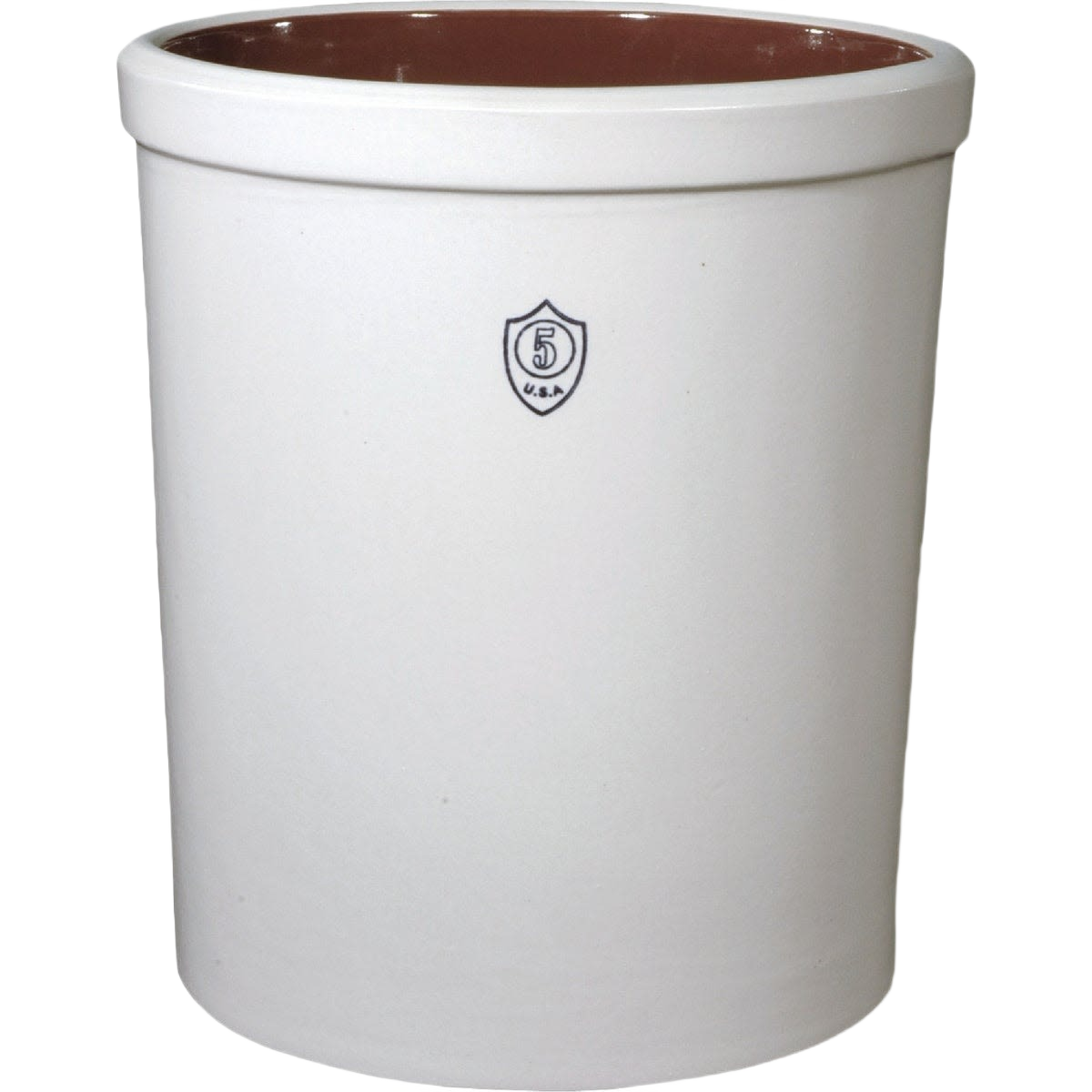 Handcrafted 5-gallon stoneware crock with durable cream exterior and brown glazed interior, made in USA, ideal for fermenting, food preservation, and kitchen use.