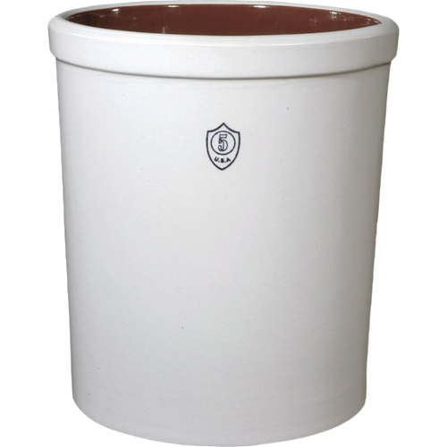 Handcrafted 5-gallon stoneware crock with durable cream exterior and brown glazed interior, made in USA, ideal for fermenting, food preservation, and kitchen use.