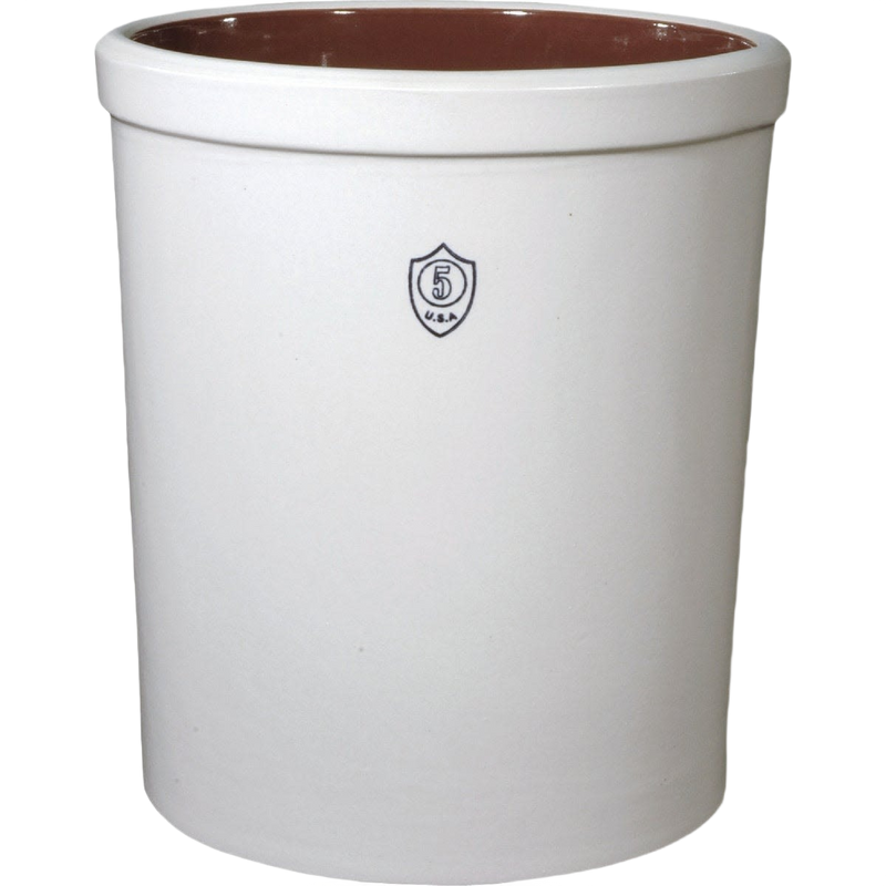 Handcrafted 5-gallon stoneware crock with durable cream exterior and brown glazed interior, made in USA, ideal for fermenting, food preservation, and kitchen use.