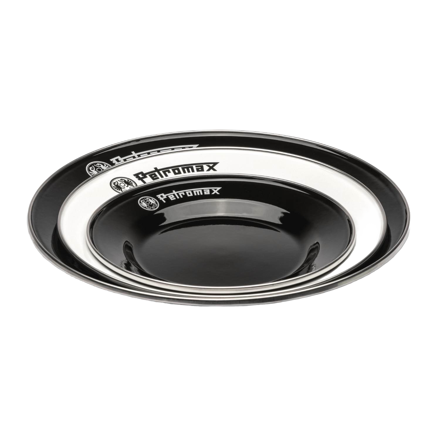 Three sturdy enamel plates in black and white with Petromax logo, lightweight and heat-resistant, ideal for Farm, Garden & Tool, Kitchen & Food, Camping, Dinnerware, Best Sellers, and Promo Eligible collections.